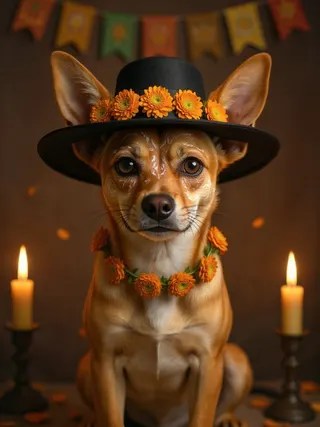 Chihuahua with a marigold Catrina hat in front of a candlelit ofrenda (AI example)