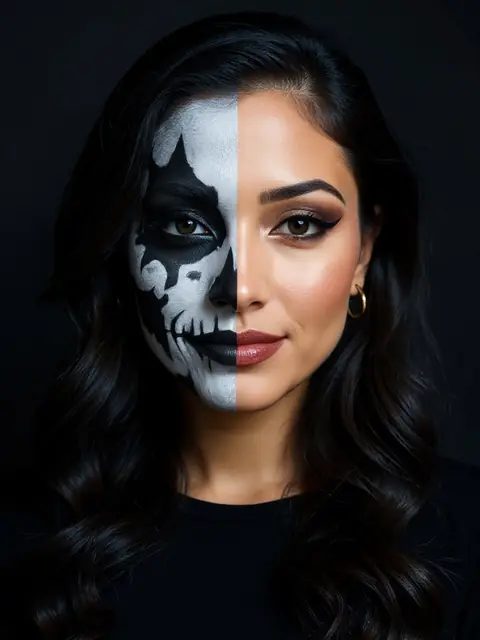 Half-face skeleton glam makeup, AI example