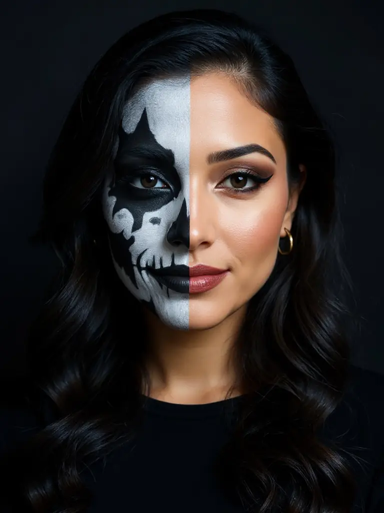 An AI-generated woman before (plain selfie) and after (half-face black and white skull makeup)
