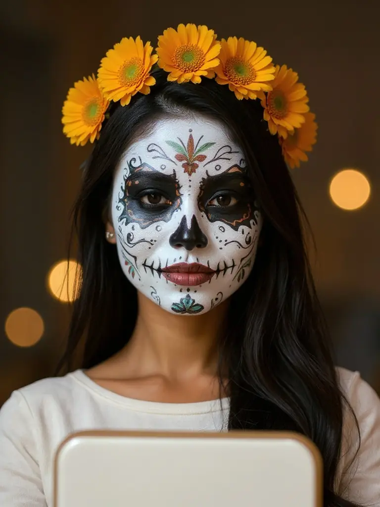 The same person in the Sugar Skull style (AI-generated example)