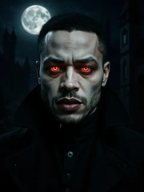 Gothic vampire with red eyes under the moon, AI example