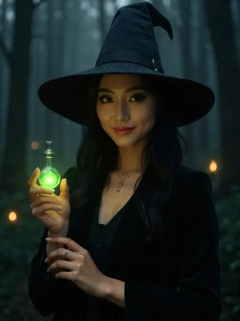 Witch with pointed hat holding a glowing potion, AI example