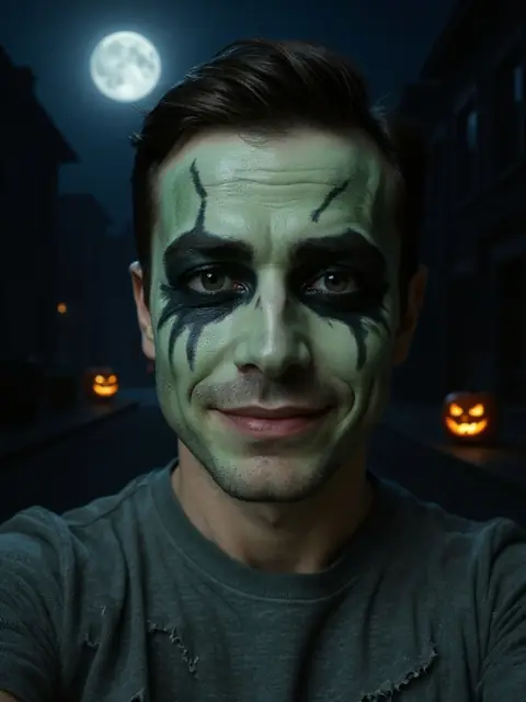 Friendly green zombie makeup with jack-o'-lanterns, AI example