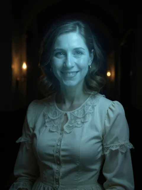 AI-generated woman as a pale blue Victorian ghost in a candlelit hallway