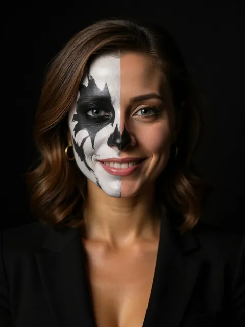 AI-generated woman with half-face black and white skeleton makeup