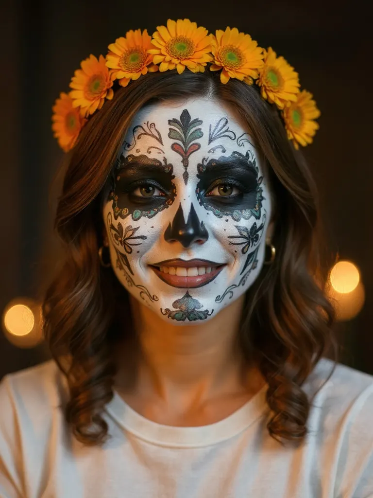AI-generated portrait of a woman in sugar skull face paint with a crown of orange marigolds and warm candlelight