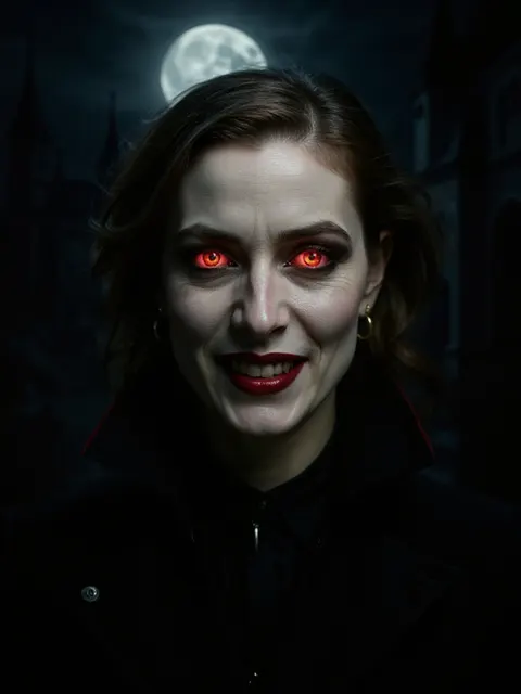AI-generated woman as a vampire with red eyes under a full moon