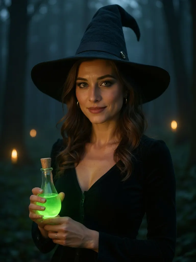 The same AI-generated woman before (plain selfie) and after (AI witch portrait with a pointed hat and a glowing potion)