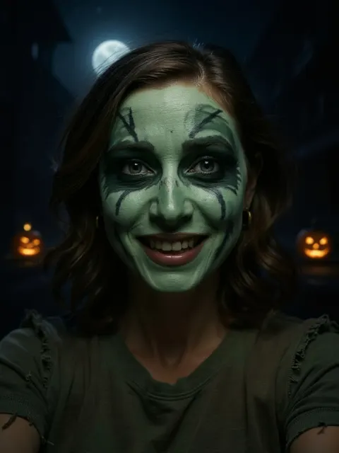 AI-generated woman with green zombie makeup and jack-o’-lanterns behind her
